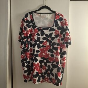Alfred Dunner Women's Red, White, And Navy Floral Short Sleeve Blouse